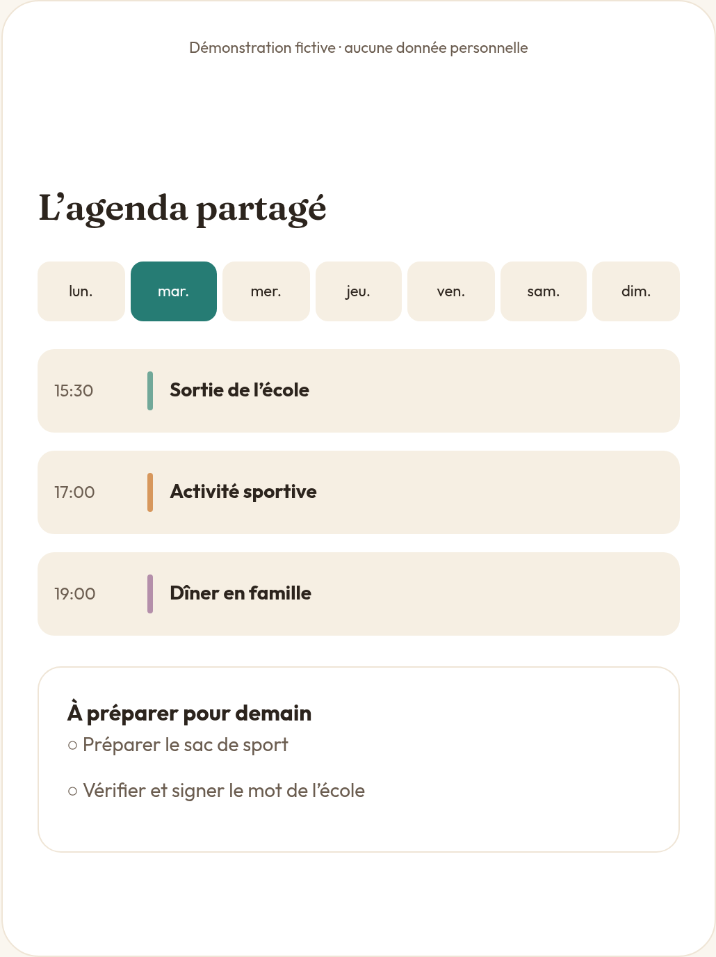 Démonstration Hello Câlin : l’agenda partagé et les préparatifs de la famille.