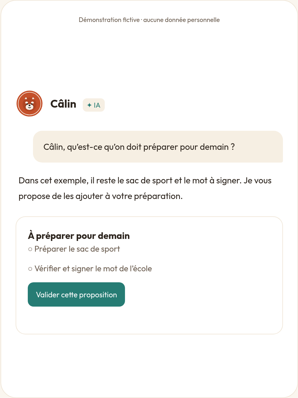 Démonstration Hello Câlin : l’assistant aide à préparer la journée de la famille.