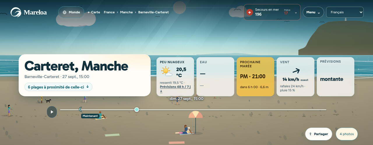 Fiche Mareloa de Carteret : paysage animé, météo, prochaine marée et vent.
